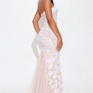 Fashion Nova Blush Mermaid Maxi Dress with White Lace Appliqué